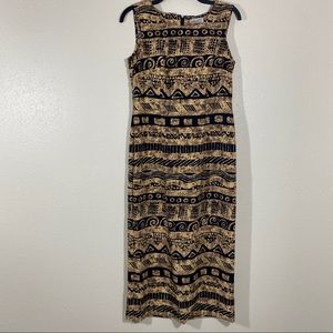 Vintage Maxi Tribal Midi Dress Kathie Lee Small Sleeveless Black & brown…